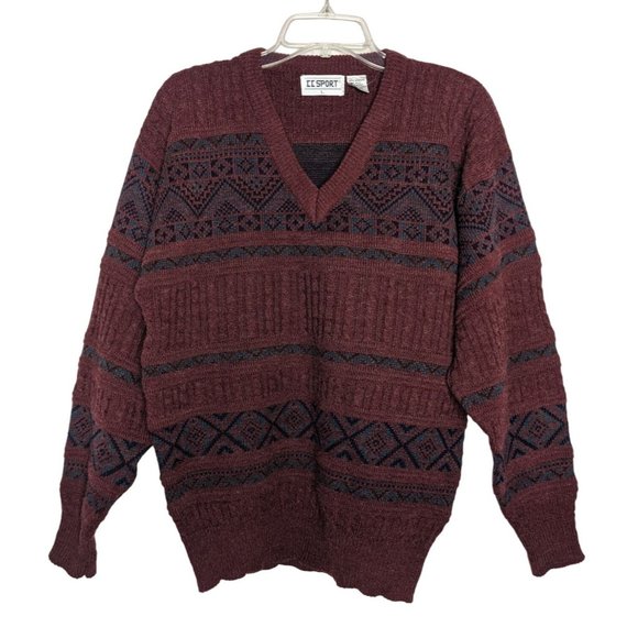 II SPORT Vintage V neck long sleeve pull‎ over Aztec design Burgundy Sweater L - Picture 1 of 8